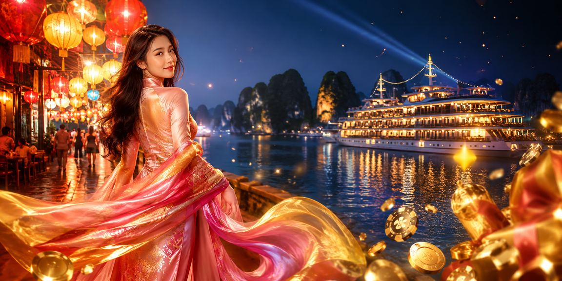 Người phụ nữ mặc áo dài tại vịnh Hạ Long thưởng thức giải trí casino trực tuyến trên thiết bị di động