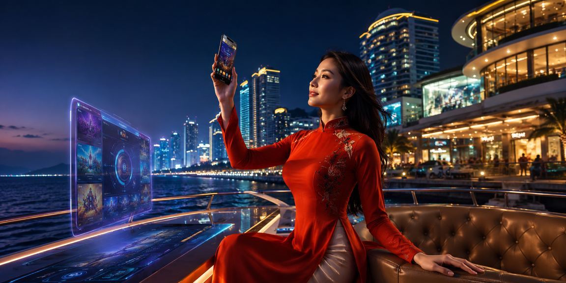 Người phụ nữ mặc áo dài tại Nha Trang xem kết quả esports và liên hệ hỗ trợ ax1500 trên điện thoại