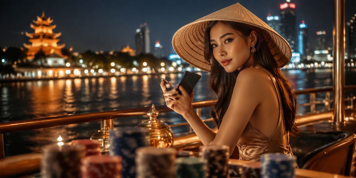 Người phụ nữ đội nón lá trải nghiệm casino trên điện thoại tại Sài Gòn